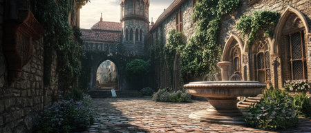 Cinematic view of a castle courtyard featuring a fountain and cobblestone pathsの写真素材