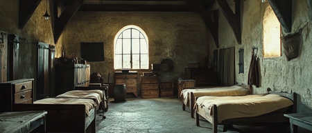 Cinematic view of rustic castle barracks featuring simple beds and wooden chestsの写真素材