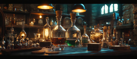Cinematic view of a castle alchemists lab filled with potions and mysterious ingredientsの写真素材