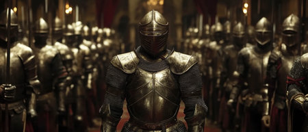 Cinematic view of a castle armory showcasing swords and suits of armor in a medieval setting