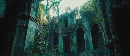 Cinematic view of ancient ruins engulfed by lush green vines in a vibrant setting