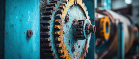 Cinematic view of an abandoned factory showcasing rusty machinery and vibrant colorsの写真素材