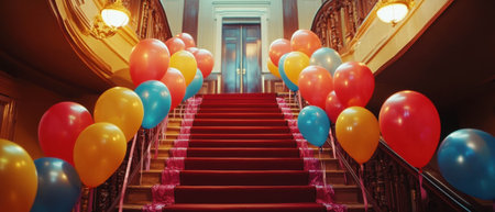 Decorative staircase adorned with vibrant balloons for a graduation celebration eventの写真素材