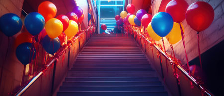 Staircase adorned with colorful graduation balloons and ribbons for celebrationの写真素材