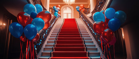 Graduation celebration staircase adorned with vibrant balloons and ribbons in a festive atmosphereの写真素材