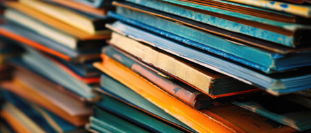 Graduation yearbooks stacked in vibrant colors showcasing memories and achievementsの写真素材
