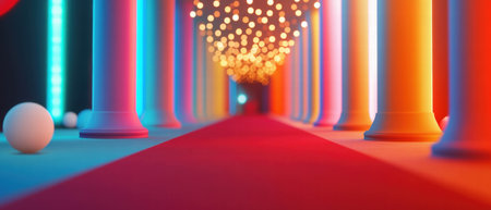 Dynamic red carpet pathway leading to a vibrant graduation ceremony with colorful lightsの写真素材