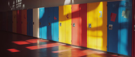 Row of empty school lockers brightly decorated for graduation day celebration