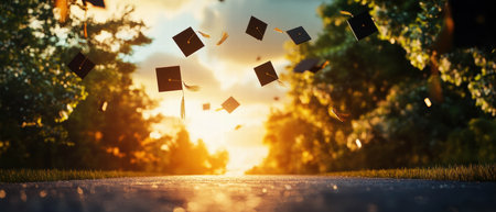 Path illuminated by celebration, leading to a hopeful future with graduation symbolsの写真素材