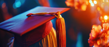 Graduation ceremony celebrates achievements with a mortarboard hat and diploma in vibrant colorsの写真素材