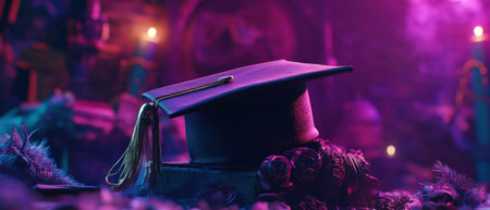 Cinematic shot of a colorful mortarboard hat and diploma on a festive backgroundの写真素材