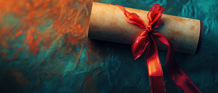 Graduation scroll tied with a vibrant ribbon under dramatic lightingの写真素材