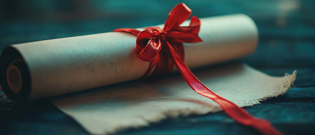 Celebration of achievement with a beautifully tied graduation scroll in vibrant colorsの写真素材