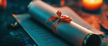 Graduation scroll elegantly tied with a ribbon against a moody backdropの写真素材