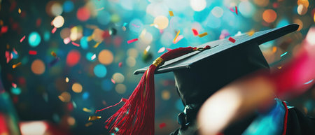 Graduation celebration with a cap, diploma, confetti, and vibrant colors in the backgroundの写真素材