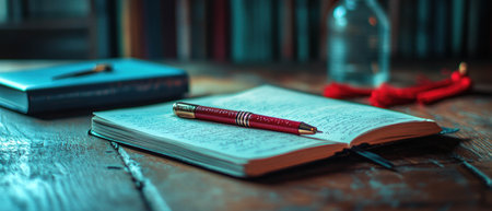 Desk with pen, notebook, and graduation tassel in a saturated, cinematic environmentの写真素材