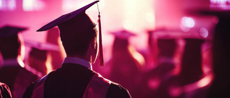 Cinematic view of graduation ceremony with banner showcasing school name and year