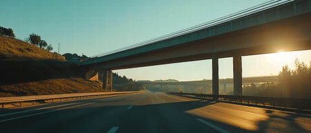 Cinematic view of a highway overpass casting long shadows at sunsetの素材