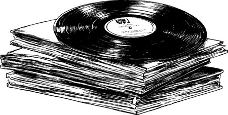 A detailed vintage illustration showcases a stack of vinyl records sitting atop several album covers. The woodcut style highlights the texture and layering of the collection.のイラスト素材