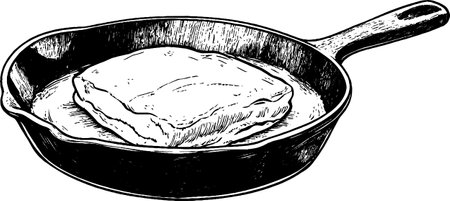 This vintage woodcut presents a cast iron skillet featuring a perfectly baked biscuit resting inside.のイラスト素材