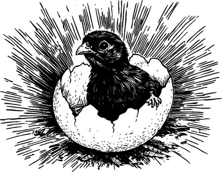 A chick is emerging from its shell in this vintage woodcut illustration.のイラスト素材