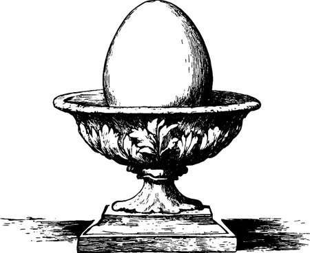 A vintage woodcut showcases a decorative egg resting atop an elaborately designed pedestal.のイラスト素材