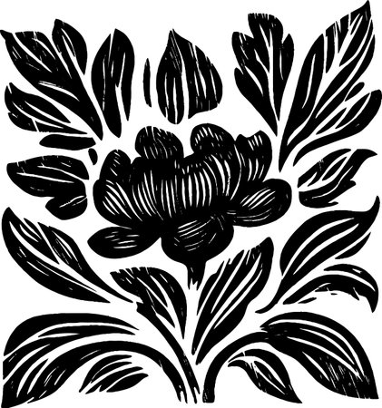 This artwork features a vintage woodcut design depicting a beautiful flower surrounded by detailed leaves.のイラスト素材
