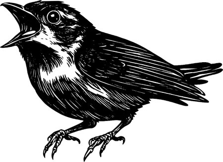 A nightingale is depicted with its beak open, singing joyfully among the trees at twilight.のイラスト素材