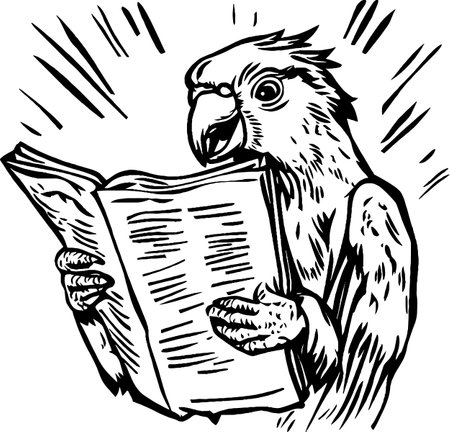 A parrot is engaged in reading a book, showcasing its curious nature. The vintage woodcut style highlights the birds detailed.のイラスト素材