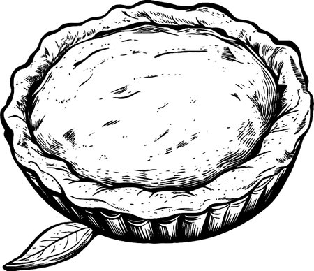 This vintage woodcut illustration showcases a freshly baked pie resting on a wooden surface, capturing a warm and inviting kitchen atmosphere.のイラスト素材