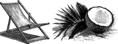 Engraved tropical illustration featuring beach chair and coconut design for summer decorのイラスト素材