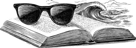 Engraved illustration of open book and sunglasses with ocean wave background for literary conceptsのイラスト素材