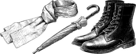 Vintage engraving of scarf, boots, and umbrella illustrating autumn fashion essentialsのイラスト素材