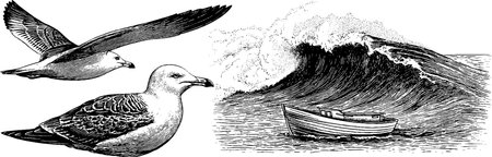 Seagull and ocean wave engraving with boat scene for nautical designsのイラスト素材