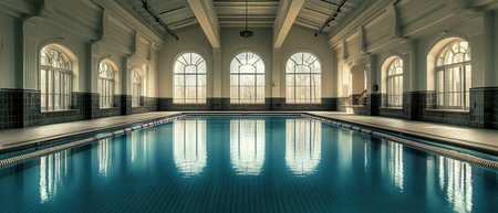 Indoor pool with cathedral ceilings and serene empty backdrop for relaxation and leisureの素材