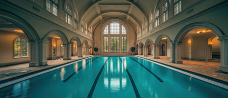 Elegant indoor pool with cathedral ceilings and archways in a tranquil settingの素材