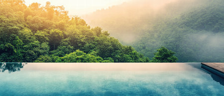 Infinity pool overlooking lush tropical forest at sunrise with soft lighting and vivid colorsの素材