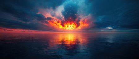 Vivid meteor shower illuminates empty backdrop over tranquil waters at duskの素材