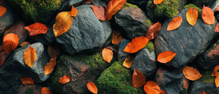 Mossy stones adorned with vibrant fallen leaves create a tranquil natural backdropの素材