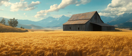 Old barn stands in golden wheat fields under a clear blue sky surrounded by mountainsの素材