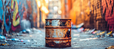 Empty rusty barrel in a vibrant graffiti alley under soft cinematic lightingの素材