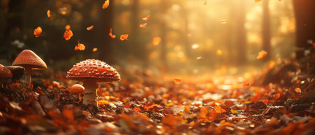 Sunlit clearing with wild mushrooms and fallen leaves in a tranquil forest settingの素材