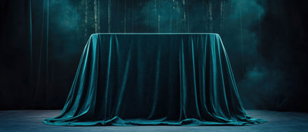 Empty velvet draped stage with deep forest backdrop and soft lightingの素材