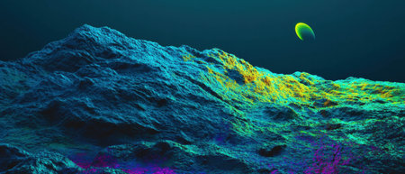 Vivid depiction of a rocky exoplanet surface with vibrant colors and intriguing featuresの素材