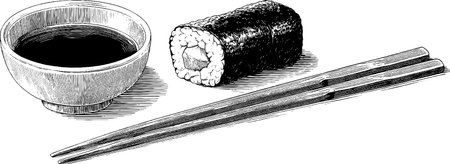 Engraved sushi roll and soy sauce illustration with chopsticksのイラスト素材