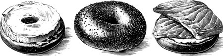 Vintage engraving of bagels with cream cheese and lox for culinary designのイラスト素材
