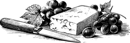 Engraved illustration of cheese with grapes and knife for culinary designのイラスト素材