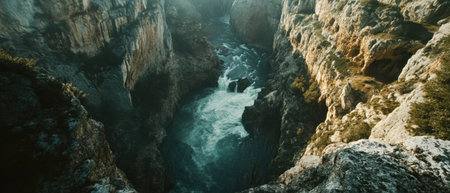 Canyon landscape with rushing river surrounded by majestic cliffs at golden hourの素材