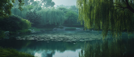 Cinematic view of a tranquil pond embraced by lush willows during a misty morningの素材