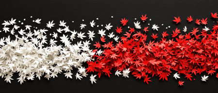 Vibrant papercut banner featuring scattered red and white maple seeds on dark backgroundの素材